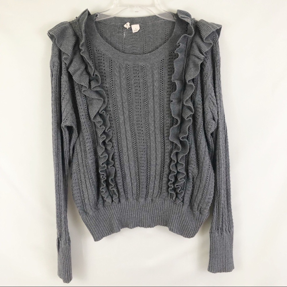 Anthropologie Moth Gray Ruffle Knit Sweater Sz M